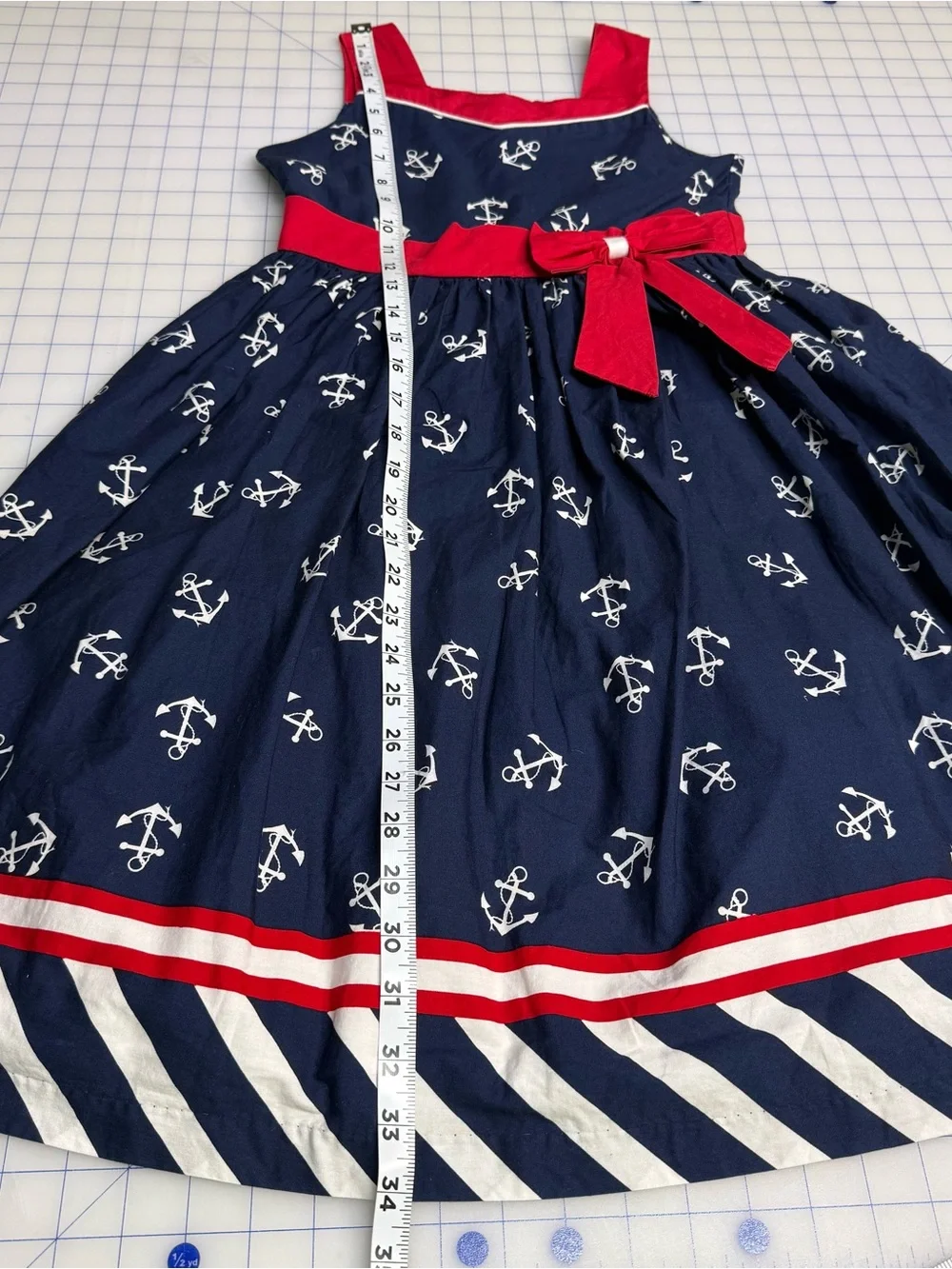 Girls Size 10 Dress Jayne Copeland Red White and Blue Anchor Nautical Red Bow